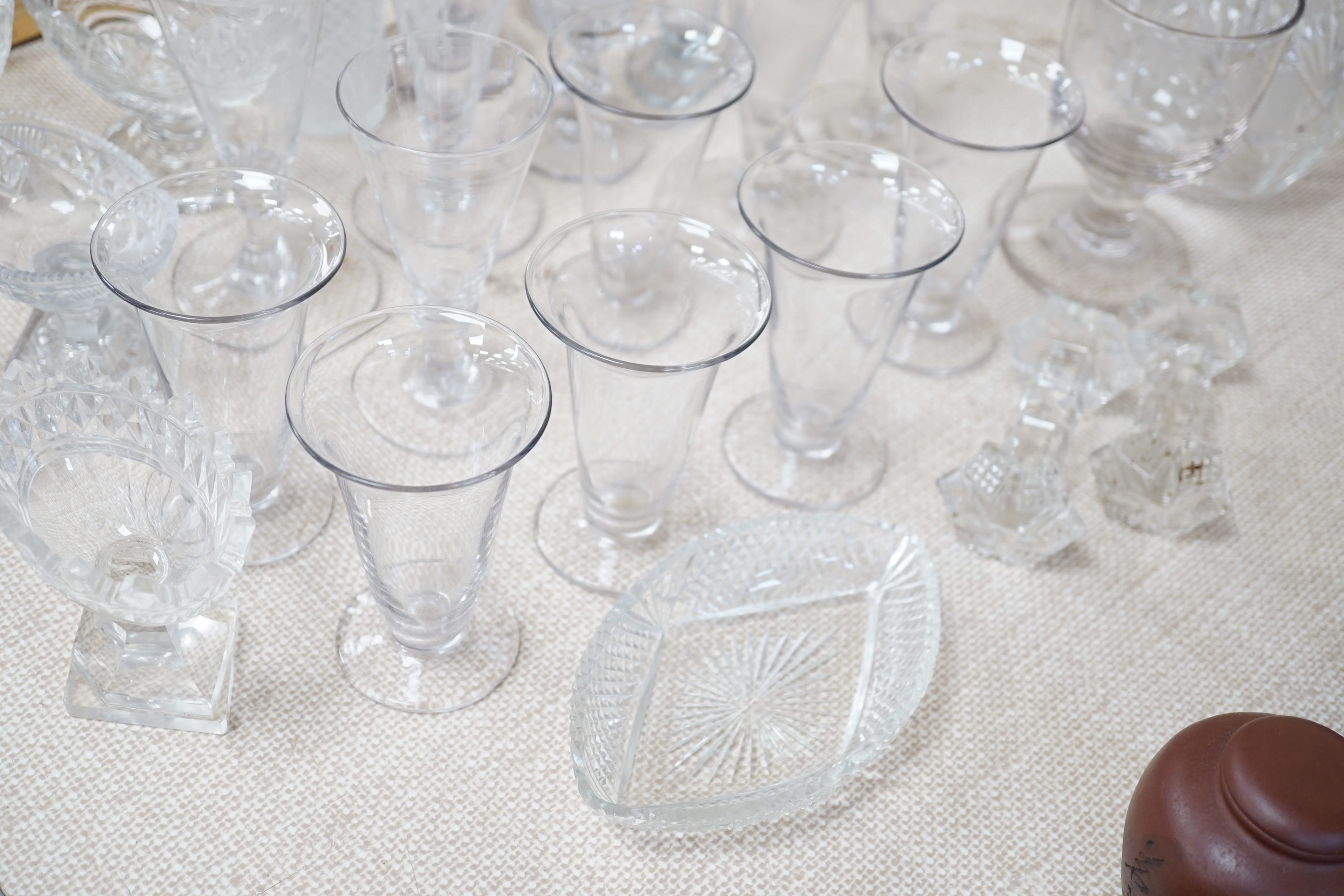 A quantity of cut and engraved glass including salts, decanters, cocktail shaker, rummers etc (30)